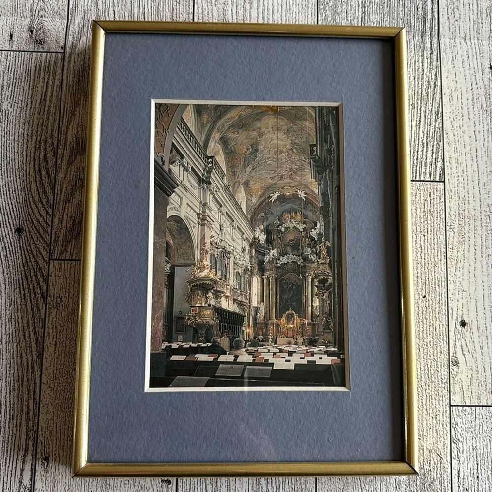 Vintage framed Czech‎ Republic BRNO Church postcard and vintage frame 1993